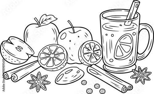 Hand-drawn outline of mulled wine ingredients: apples, oranges, cinnamon, star anise, and spices