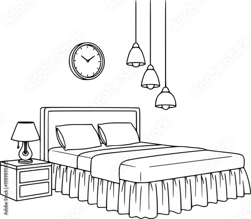 Simple line of a bedroom interior with bed nightstand clock and pendant lights white background