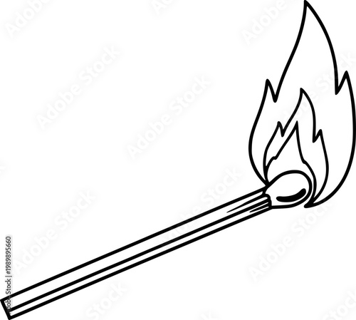 Simple Line of a Burning Matchstick with Flames a White Background fire ignition