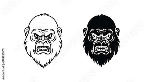 Angry gorilla head mascot logo set in outline and solid black silhouette styles for esports team branding or gym fitness apparel design