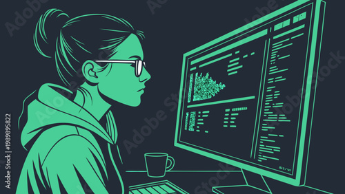 A woman in a green hoodie works on a computer with coding on the screen