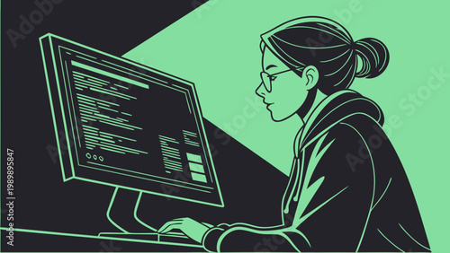 A woman in a minimalist illustration style working on a computer with code on the screen