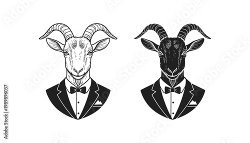 Goat head mascot logo wearing a tuxedo and bowtie in outline and solid black silhouette styles for formal events or high-end luxury brand design