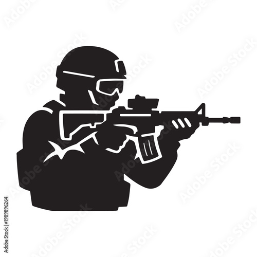 Tactical soldier silhouette with assault rifle, military special forces operator vector icon, armed swat officer in combat gear