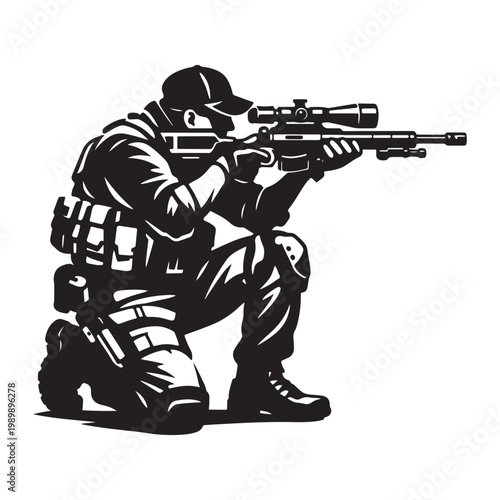 Tactical sniper silhouette vector, military marksman with precision rifle in kneeling position, black and white soldier illustration for gaming and security