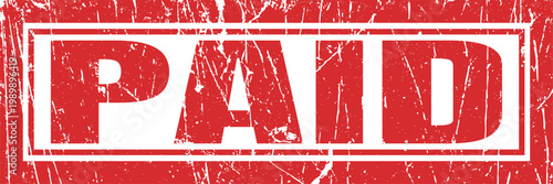 Paid stamp with red distressed background showing payment completed and confirmed.
