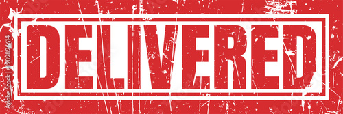 Red delivered stamp icon with grunge texture on white background for shipment tracking mark.