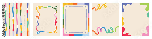 Set of colorful frames template with doodle lines, geometric and pattern background. Trendy vector template for greeting card, invitation, cover, poster, social media.