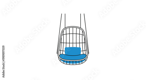 The sleek minimalist black wire hanging swing chair featuring a vibrant blue cushion hangs gracefully from thin ropes against a white background in soft light.