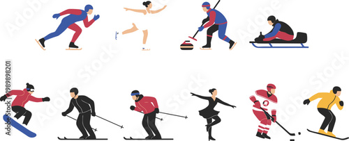 Winter Sports Athletes Vector Set Featuring Ice Hockey Figure Skating Skiing Snowboarding Curling and Speed Skating Flat Characters Collection