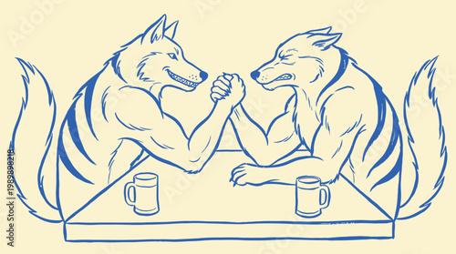 Anthropomorphic wolves arm wrestling at a pub table for sports bar branding and competitive entertainment concepts