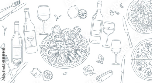 A detailed line art illustration depicts an elegant dinner party setting with wine, oysters, and pizza elements.