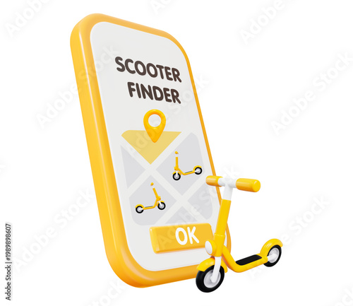 3d electric scooter rental app concept with geolocation feature. Stock vector illustration on white isolated background