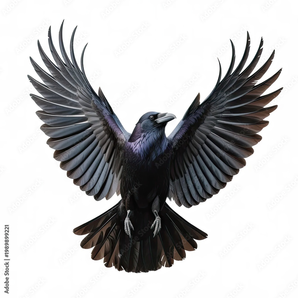 Fototapeta premium A black raven or crow with wings fully spread in flight against white background