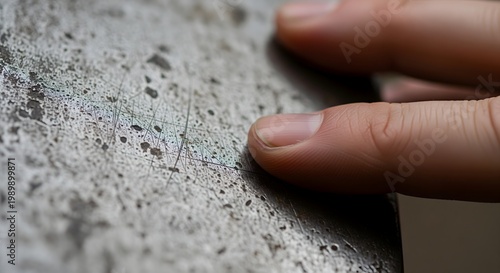 A human finger gently touches a rough, textured concrete surface, highlighting the intricate details and tactile experience of the industrial material.