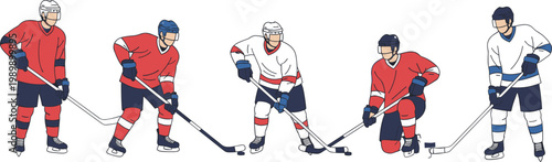 Professional ice hockey players set with skaters in various action poses wearing team uniforms helmets and gear representing winter sports competition athletic training and,