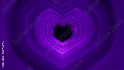 Abstract purple heart shaped tunnel with glowing neon lines. Futuristic cyberspace portal background. Digital technology and virtual reality concept