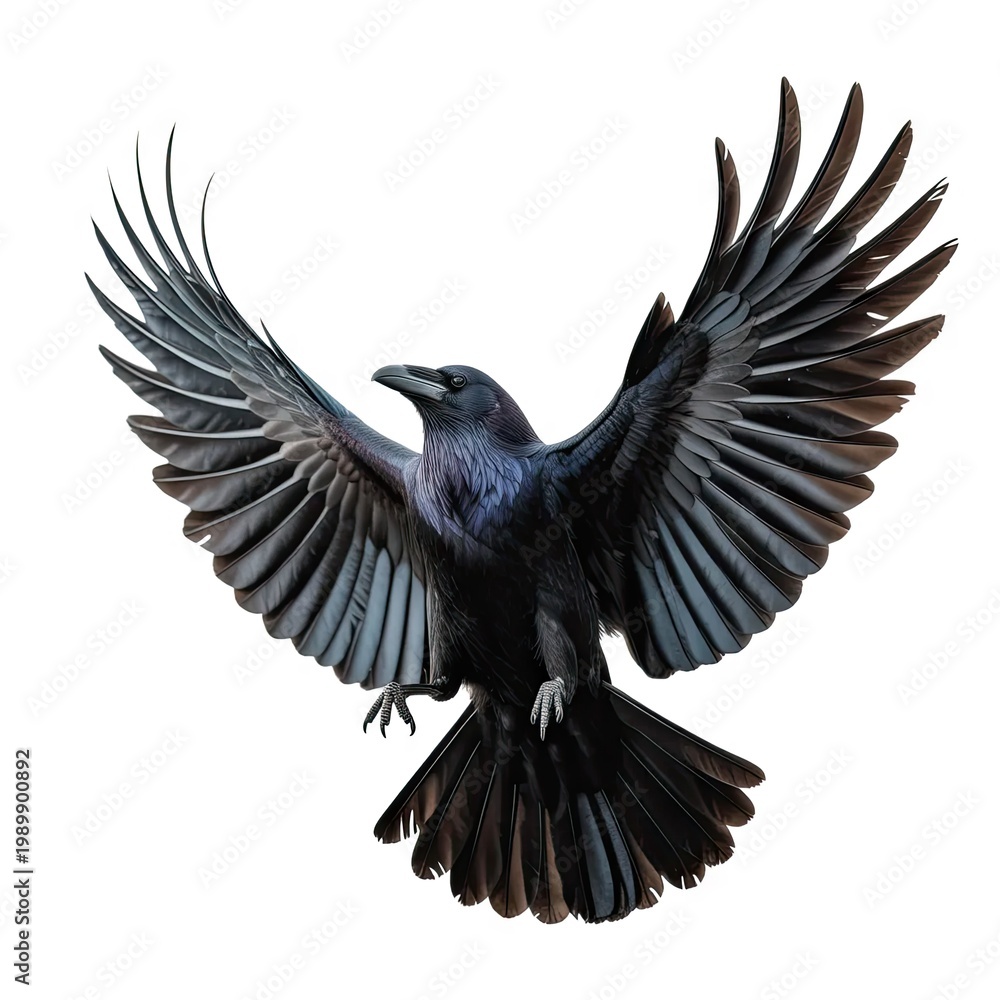 Fototapeta premium A black raven with wings fully spread flying against a white background