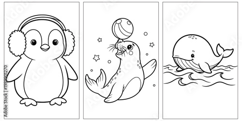 Cute Penguin With Earmuffs Seal Balancing Ball And Whale Coloring Page Cartoon Animal Outline Illustration For Kids