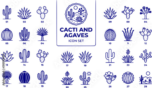 Cacti and Agaves Icon Set Black Outlines Joshua Tree Prickly Pears Desert Plants Succulents Arid Vegetation Southwestern Flora Vector Illustration