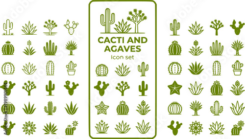 Cacti and Agaves Icon Set Black Outlines Joshua Tree Prickly Pears Desert Plants Succulents Arid Vegetation Southwestern Flora Vector Illustration