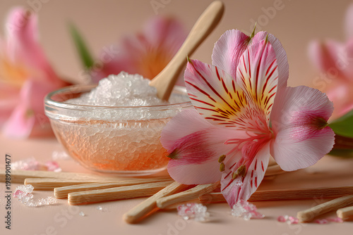Glass bowl with sugaring paste, wax strips, wooden sticks and alstroemeria flower on beige background