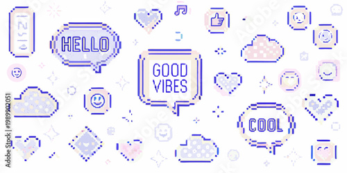 Pixelated speech bubbles and icons displaying positive messages and emojis