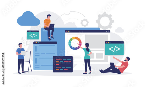 Diverse team of developers collaborating on web design and coding projects with cloud and gear elements