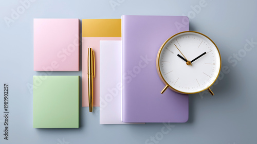 Colorful stationery items including notebooks, sticky notes, and a clock arranged on a light blue surface, featuring pastel shades and a gold-accented clock