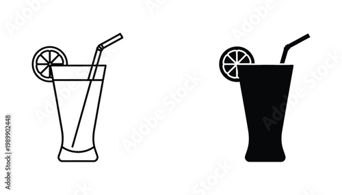 Glass of lemonade with straw icon set in outline and solid black silhouette styles for summer beverage and menu design
