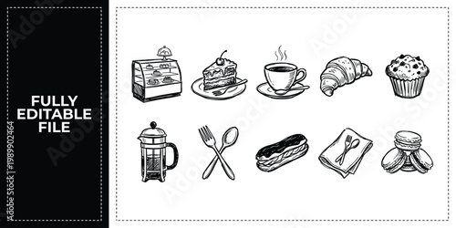 Hand Drawn Breakfast Morning Meal and Croissant Doodle Icon Set Sketch Vector Illustration EPS