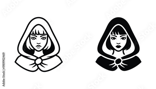 Young woman in hooded cloak portrait icon in outline and solid black silhouette styles for fantasy and storytelling design