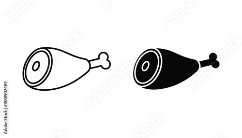 Ham leg or meat bone icon set in outline and solid black silhouette styles for food and butcher shop design