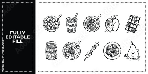 Hand Drawn Breakfast Bowls Cereal and Oatmeal Doodle Icon Set Sketch Vector Illustration EPS