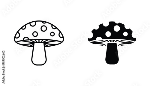 Spotted mushroom icon set featuring classic toadstool fungus shape in both clean outline and solid black graphic styles for nature and forest themed design elements