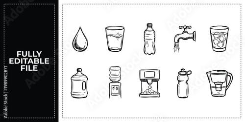 Hand Drawn Water Dispenser Glass and Pure Liquid Doodle Icon Set Sketch Vector EPS