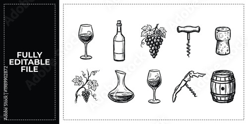 Hand Drawn Wine Tasting Glasses and Bottle Doodle Icon Set Sketch Vector Illustration EPS