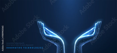 Holding hands. Abstract 3d low poly two hands hold something for care. Digital insurance, support innovation, futuristic safety technology, future of medical help, online charity, life protect concept