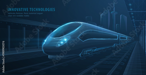 Fast express passenger train on city station. Futuristic technology. Railway station. Future digital urban infrastructure. Modern town cityscape. 3d abstract railroad travel concept