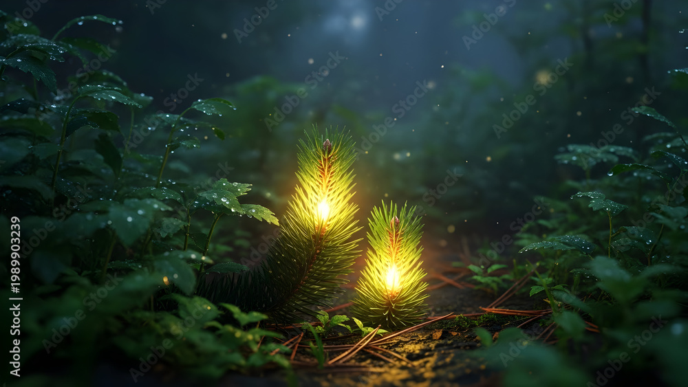 Fototapeta premium Enchanting forest fireflies a stunning green nature background for serene visuals