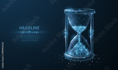 Sandglass. Low poly wireframe sandglass looks like constellation on dark blue background with dots and stars. Time, countdown, deadline concept illustration or background