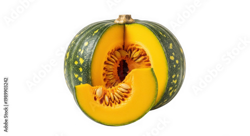 Green pumpkin cut in half with yellow spots on the skin isolated on transparent background