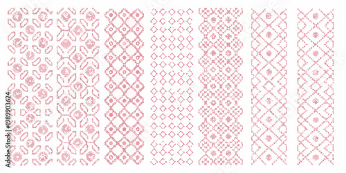 Repeating pink geometric patterns arranged in vertical columns on a white background