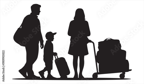 Parents and child travel icon with suitcases in black silhouette minimal style