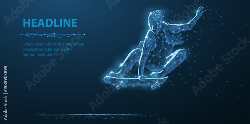 Skateboarder does an trick. Extremes sports. Skateboarding technology concept. Blue background. Abstract low pole style.