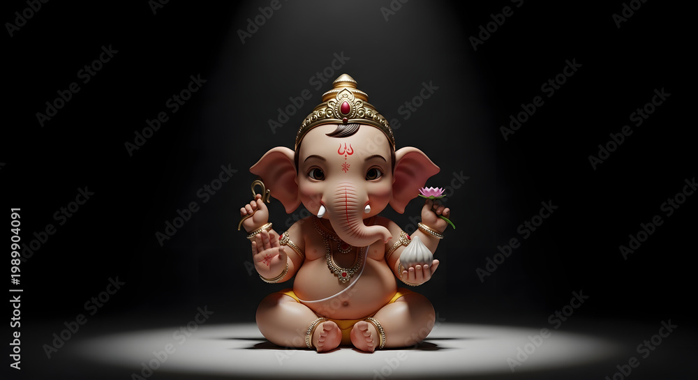 Fototapeta premium Ganesha statue, sitting, with crown and jewelry, on spotlight