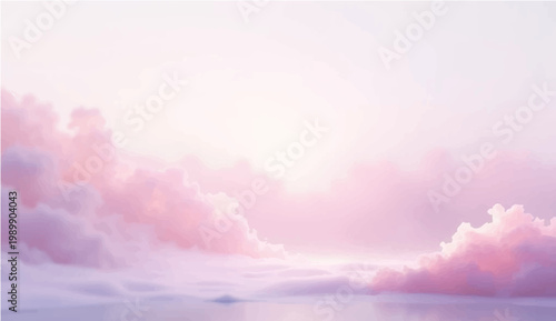 A serene dreamy ethereal composition with pastel pink clouds and a tranquil water surface creates a sense of peace and tranquility.
