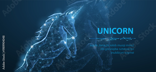 Abstract jumping unicorn. Venture investment, digital business, background magic symbol, unicorn startup, dream animal, technology start, nature freedom, venture startup concept. Mystery wallpaper.
