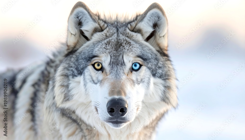 Fototapeta premium Wolf face, heterochromia eyes - one gold, one blue - soft focus background, winter