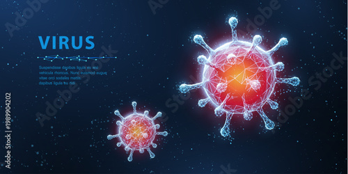 Virus. Abstract vector 3d corona microbe on blue background. Computer virus, allergy bacteria, medical healthcare, microbiology concept. Disease germ, pathogen organism, infectious micro virology